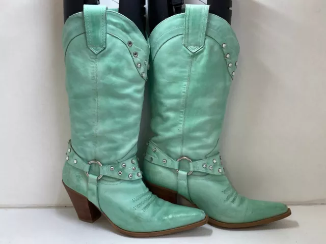 Bronx leather cowboy boots women's UK 7.5 turquoise line dancing mid calf pull