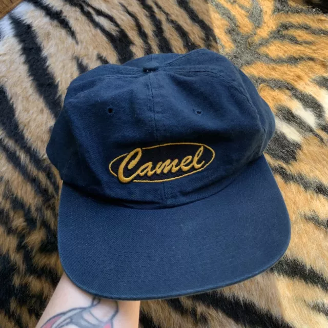 Rare 1990s Vintage CAMEL Baseball Cap Navy Blue Trucker Buckle Snapback Hat