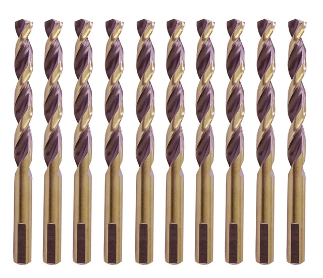 10Pcs 1/4" HSS Drill Bit Set Parabolic Flute Gold/Black Jobber 3 Flat Shank