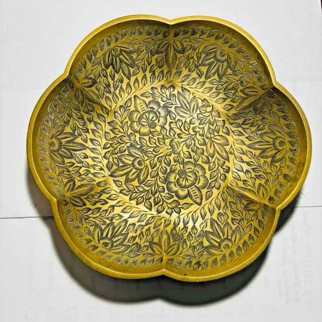 Scalloped Edge Embossed Etched Floral Brass Bowl Dish Marked P50 J India Vintage