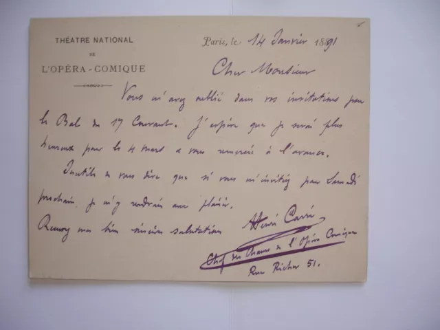 Autographe Henri CARRÉ Jules Lévy Bals des Incohérents Opéra-Comique Compositeur