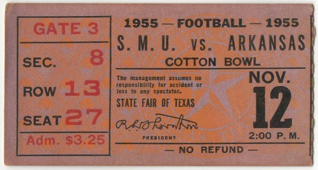 1955 SMU MUSTANGS vs ARKANSAS RAZORBACKS ticket stub 11/12/55 FORREST GREGG