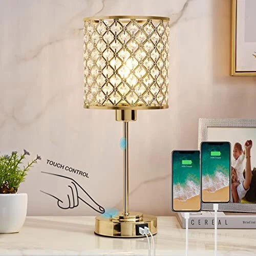 Crystal Table Lamp Crystal Lamp Touch Control with 2 USB Ports 3 Way Dimmable...