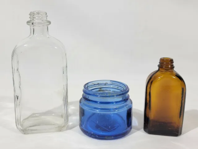 3 Vintage Bottles Jars Amber Blue Clear Apothecary