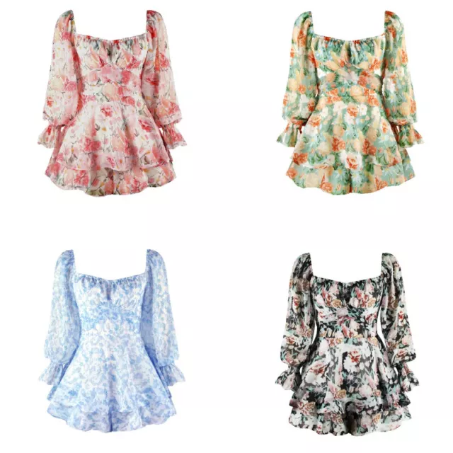 Donna Chiffon Tutina Mini Abito Floreale Stampato Falbala Puff Maniche Tuta Da