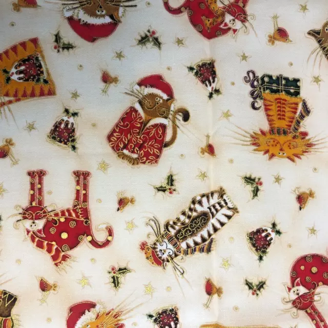 Christmas Makower UK 604 Festive Cats Fabric OOP Metallic Gold 19" x 44"