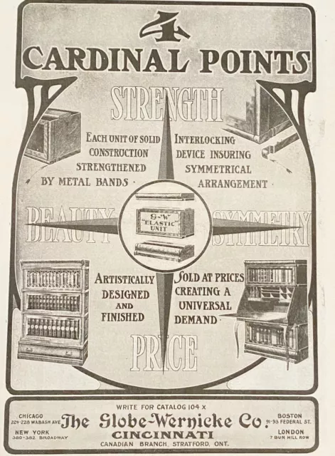 1904 GLOBE-WERNICKE Vtg Print Ad~4 Cardinal Points Library Bookcase Office Desk