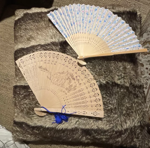 Vintage Asian floral Fabric Wooden & Wooden Carved Hand Held Folding Fans