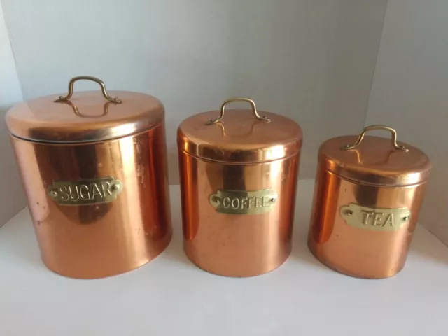 Vintage Copper Set of 3 Lidded Canisters Nesting Sugar Coffee Tea Kitchen Decor