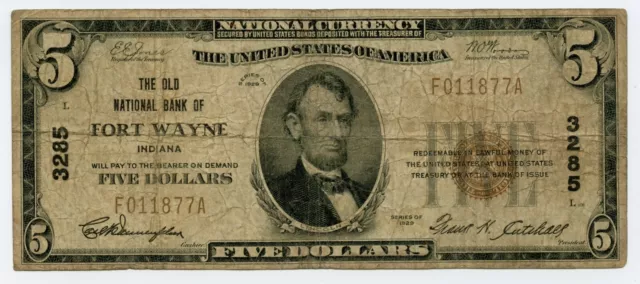 1929 TYPE 1 $5 NATIONAL CURRENCY OLD NB of FORT WAYNE, INDIANA CH 3285