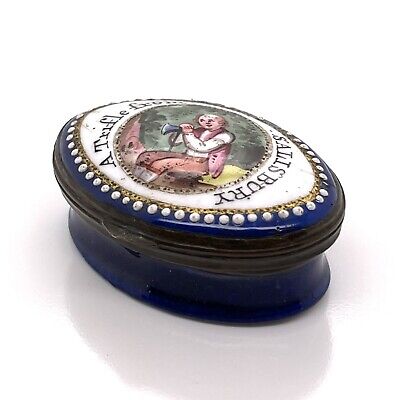 Antique 18c “A Trifle from Salisbury” Battersea Enamel Patch Box -Motto Snuff VR
