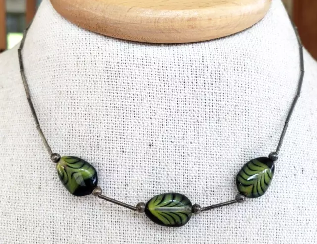 Southwestern Liquid Silver Green Czech Glass Bead Strand Choker Necklace 15.25"