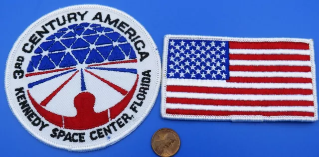NASA PATCH Pair vtg 3rd Century American BICENTENNIAL Kennedy SPACE Center FLAG