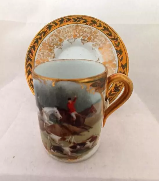 ROYAL VIENNA  CABINET CUP AND SAUCER Horse and Hound Hunting Scene BEEHIVE MARK