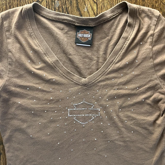 Harley Davidson Shirt Womens Large Gray V Neck Top Motorcycle Biker Rhinestone