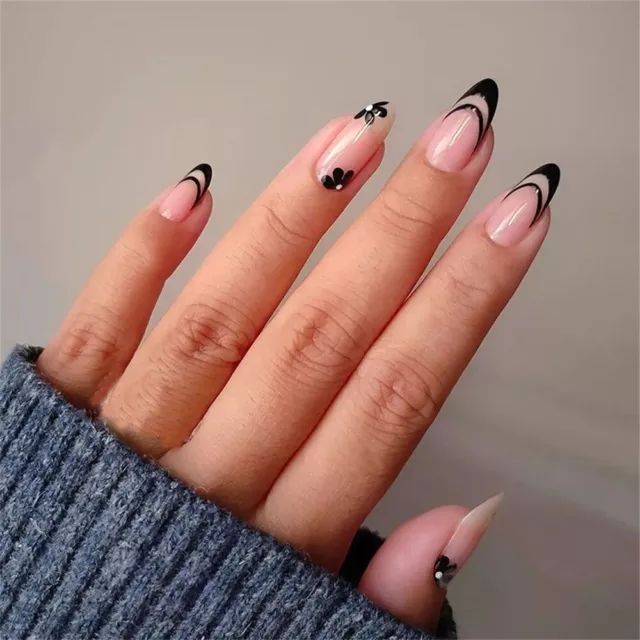 Flores negras francesas uñas postizas prensa corta almendras en uñas arte 24 piezas