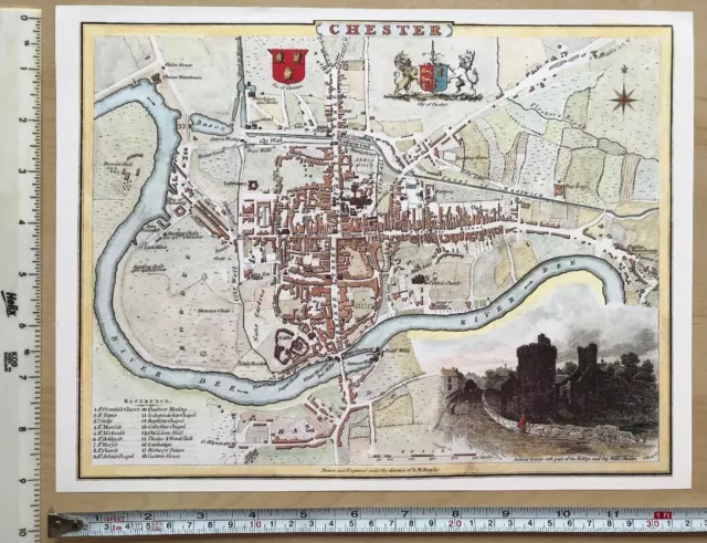 Old Victorian antique picture map Chester, England: 1830s Cole & Roper Reprint