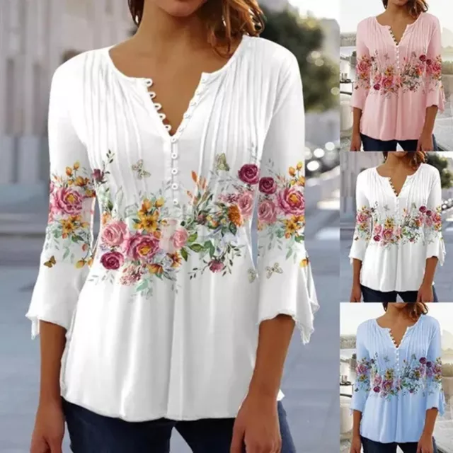 Womens Print Summer Blouse Short Sleeve T Shirt Ladies Plus Size V Neck Tops