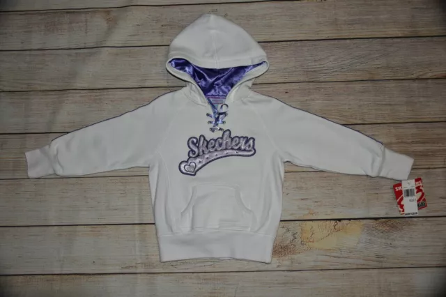 Nwt Skechers 6X White Metallic Silver Purple Lace Up Hoodie Gem Sweatshirt Top