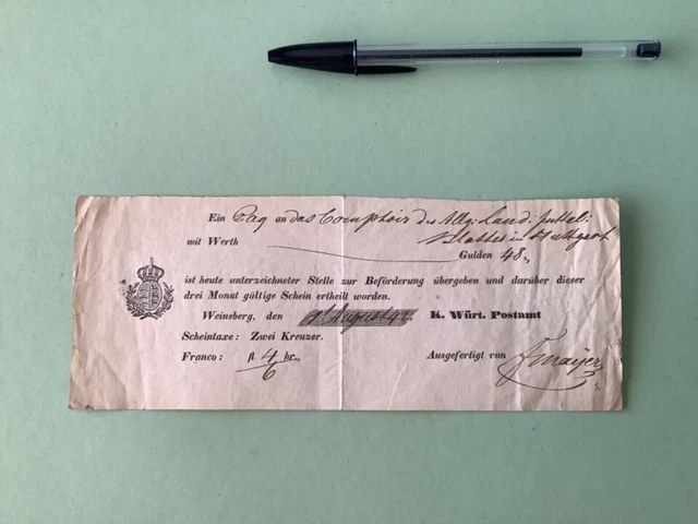 Germany 1842  Wurttemberg post office postal note Ref A1560