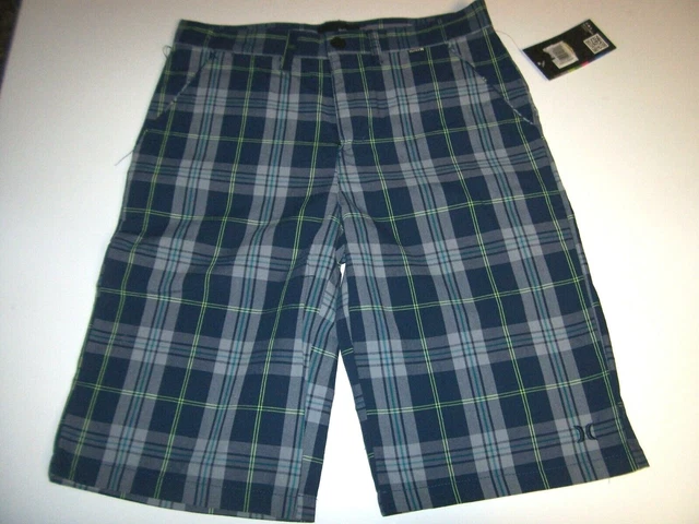 New HURLEY boys youth sz 14 blue plaid khaki chino long walking shorts