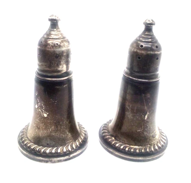 Agitadores de sal y pimienta vintage forrados de vidrio pesado plata esterlina 244