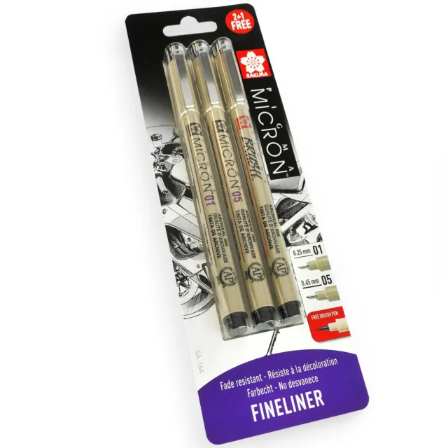 3 x Sakura Pigma Micron - Pigment Fineliner Pens - 0.1/0.5mm/Brush - Black Ink