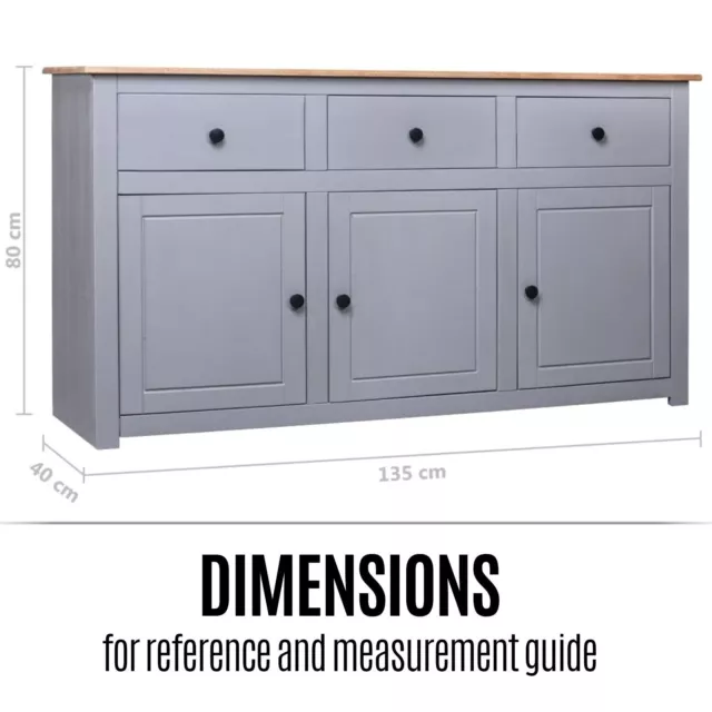 3-Drawer Sideboard Grey Solid Pine Wood Storage Cabinet Organiser Compartment 3