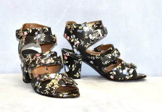 A8 LAURENCE DACADE Floral Leather Buckle Straps Ankle Sandal Heels Shoes Sz 37