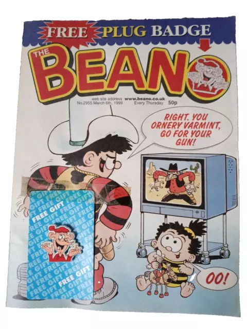 Beano 2955 - March 6 1999 with free Plug badge attached