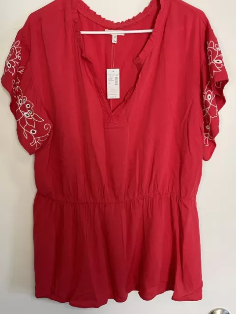 Maurices Blouse Womens 3X Embroidered Short Sleeve Red Flutter Shirt Plus Size