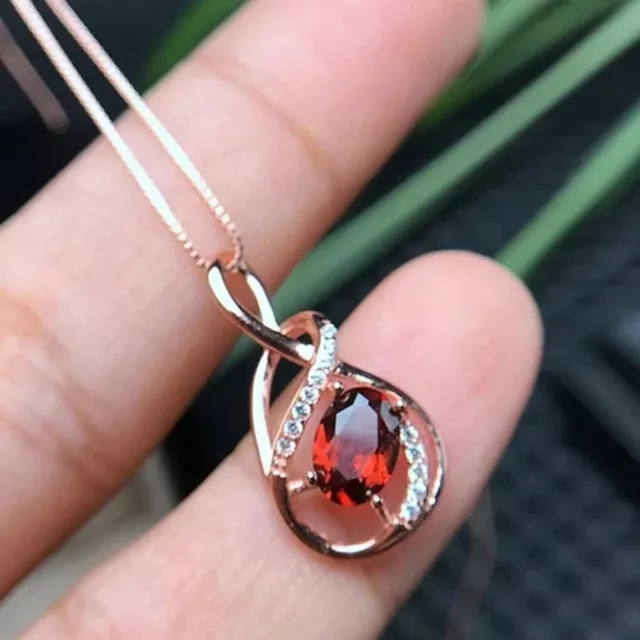 Natural Oval Garnet Solid 925 Sterling Silver Rose Gold Plated Pendant Necklace