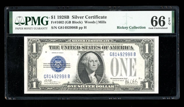 DBR 1928-B $1 Silver Funnyback Gem Fr. 1602 GB Block PMG 66 EPQ Ser # G81492998B
