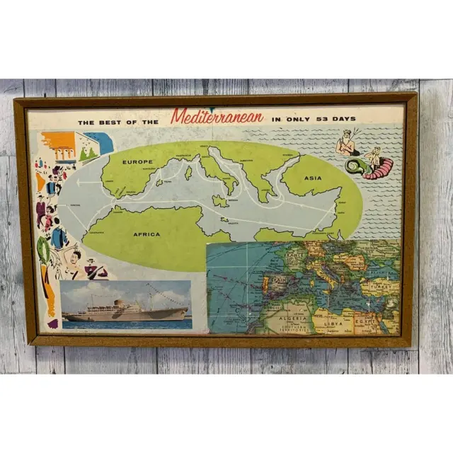 Vintage Mediterranean Wood Framed 10X21 Paper Map Stix Baer Fuller Wall Art