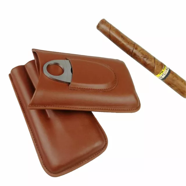Cattlehide Leather Cigar Holder 3 Cigars Case Humidor + Cigar Cutter for Men