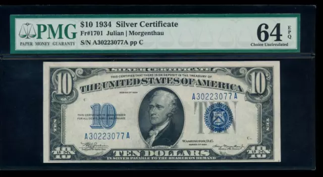AC Fr 1701 1934 $10 Silver Certificate PMG 64 EPQ uncirculated!!!