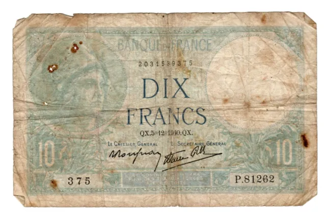 Banknote France 10 Francs 1940 P84a.23
