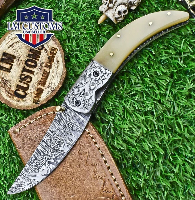 Hand Forged Damascus Pocket Folding Knife Camel Bone Liner Lock Hunting Rare