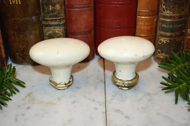 Antique Pair French White Porcelain Oval Door Knobs Handles Hardware