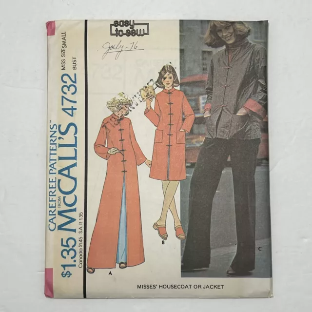 1970s McCalls UNCUT Sewing Pattern 4732 Misses Housecoat Jacket Size Small 10 12