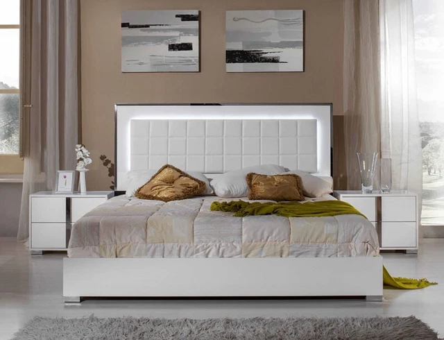 Italian Modern Lacquer White 5pcs Bedroom Set w/ Queen King LED Lighted Bed IVA4
