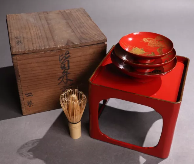 Old Japanese Ware Gold Lacquer Wooden Sake Cup&Stand Table Meiji Era