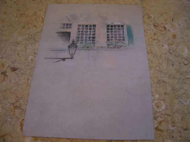Vtg Antique Early 20th Cent E A Trego Charcoal Drawing of Facade Windows Flowers
