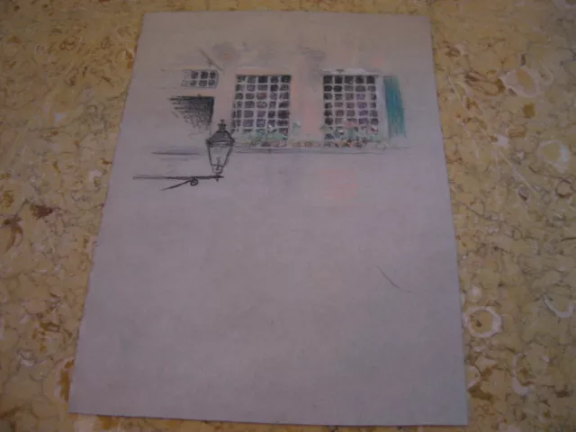 Vtg Antique Early 20th Cent E A Trego Charcoal Drawing of Facade Windows Flowers