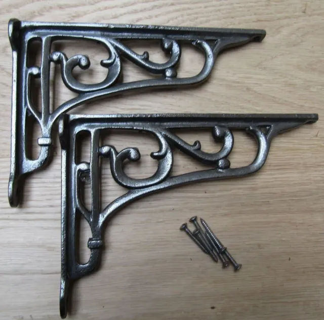 9" PAIR OF ANTIQUE IRON cast Victorian scroll ornate shelf support wall brackets