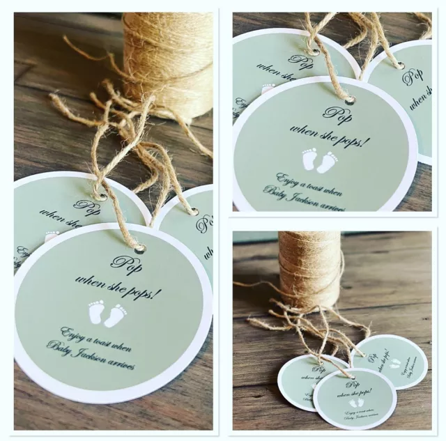 5 Personalised round minimalist sage green Baby Shower gift tags labels favours