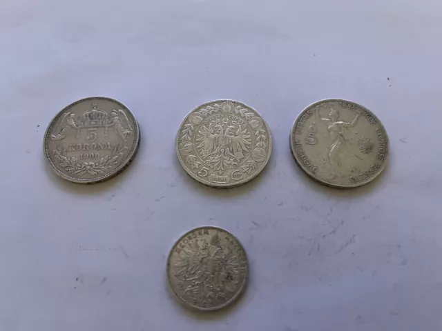 4 Münzen Österreich Habsburg 5 Kronen 1900+1900+1908 Silber +2 Korona 1912