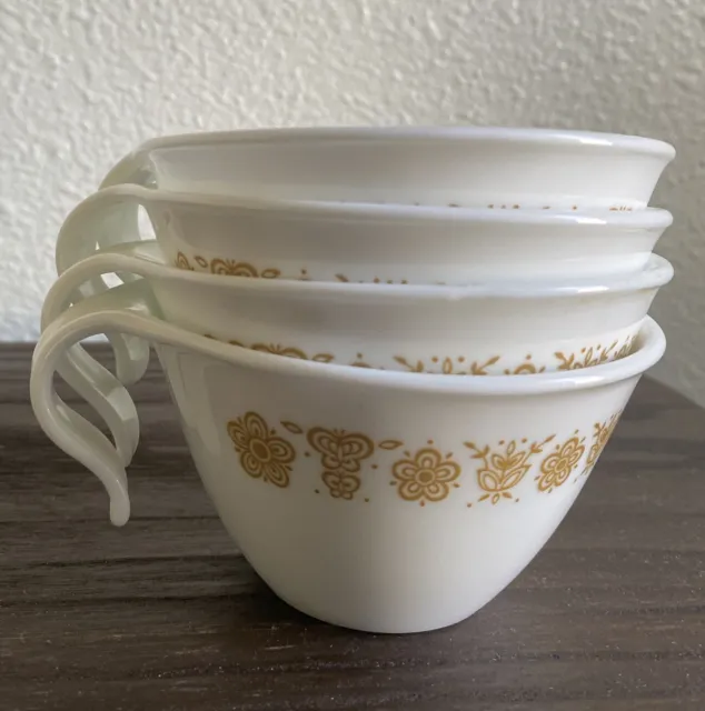 Vintage Set 4 Corelle Gold Butterfly Hook Handle Coffee Tea Cups Corning Living
