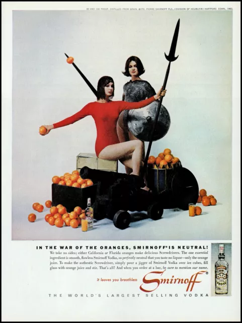 1962 Smirnoff vodka 2 beautiful women warriors oranges retro photo print ad L60