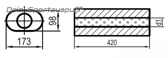 Universal Schalldämpfer Edelstahl OVAL 173x98mm 1-Rohr  L: 420mm In/Out 50/50mm